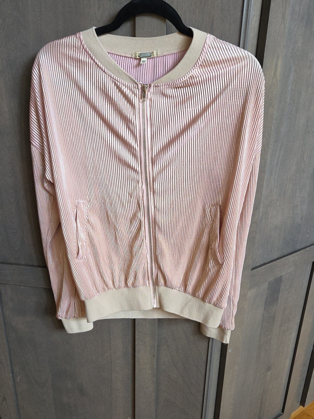 gimmicks by BKE Pink Ribbed Bomber Jacket with Cream Trim